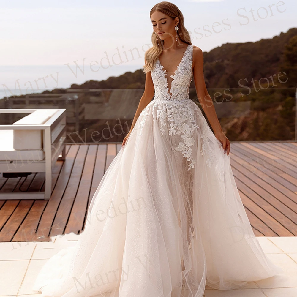 2024 Graceful Exquisite A Line abiti da sposa da donna Sexy scollo A V Appliques di pizzo abiti da sposa Side High Split Vestidos De Novia