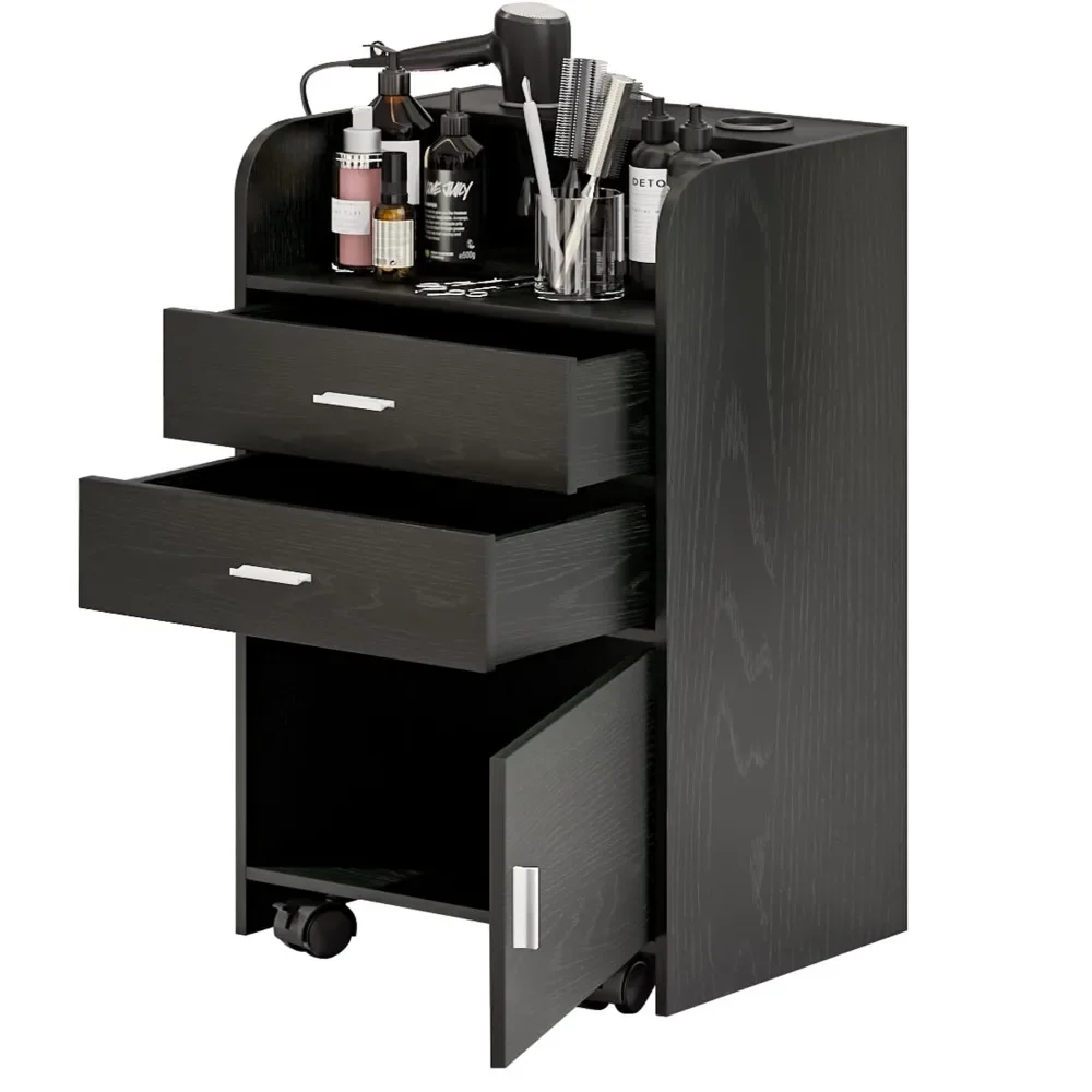 

Hair Salon Station Storage Cabinet on Wheels, Salon Table with 2 Drawers, Stylist Storage Cabinet with 2 Hair Dryer Holders