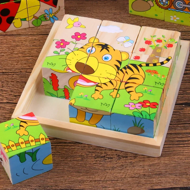 Frühes Lernen Lernspielzeug Baby Holzklötze Spielzeug Tier Obst Verkehr Erkennen Kinder Sechs Seitenwürfel Puzzles Spiel