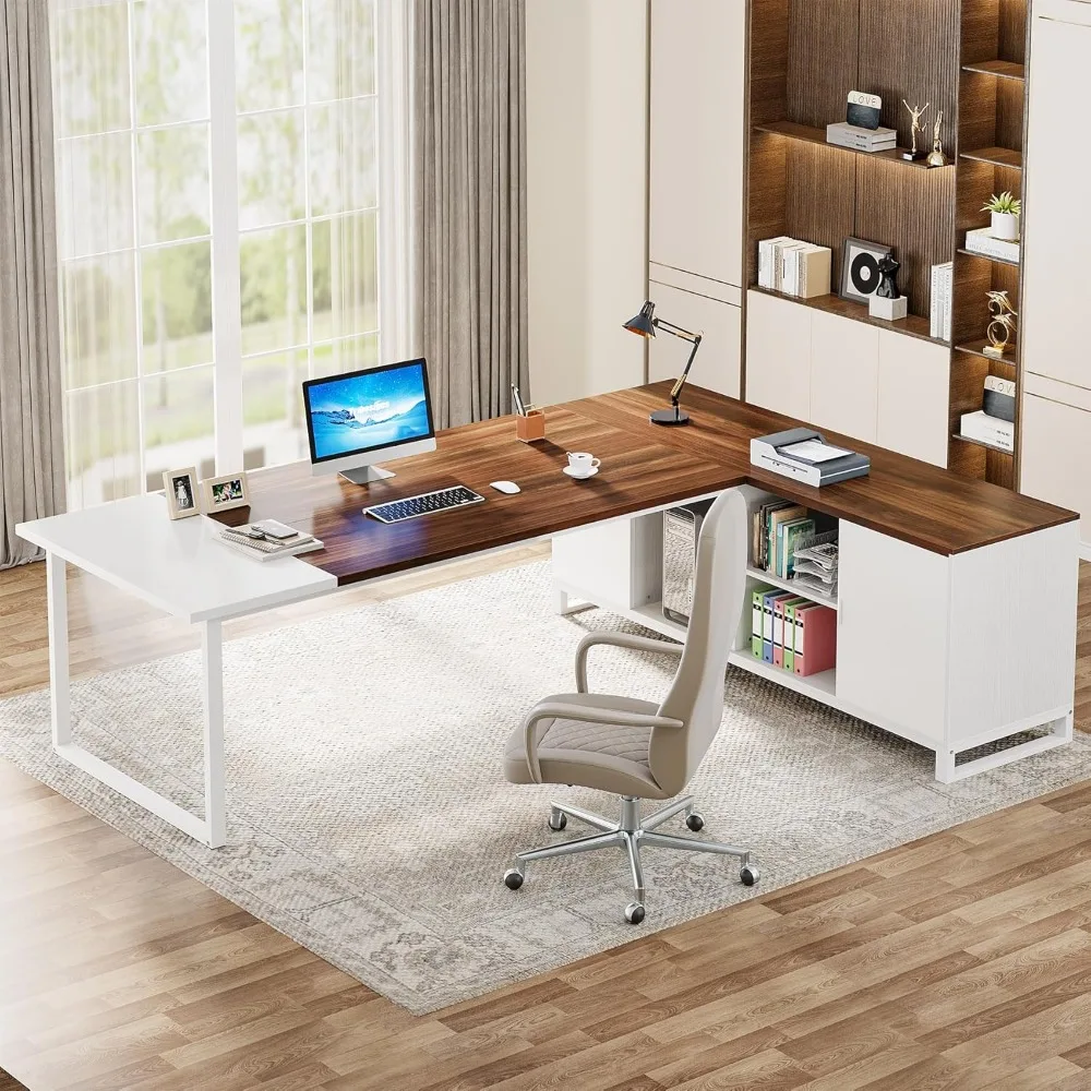 70.8" L-Shaped Desk with 55" File Cabinet, Office Computer Desk with Storage Shelves and Cabinet, Set Home Office, Walnut White