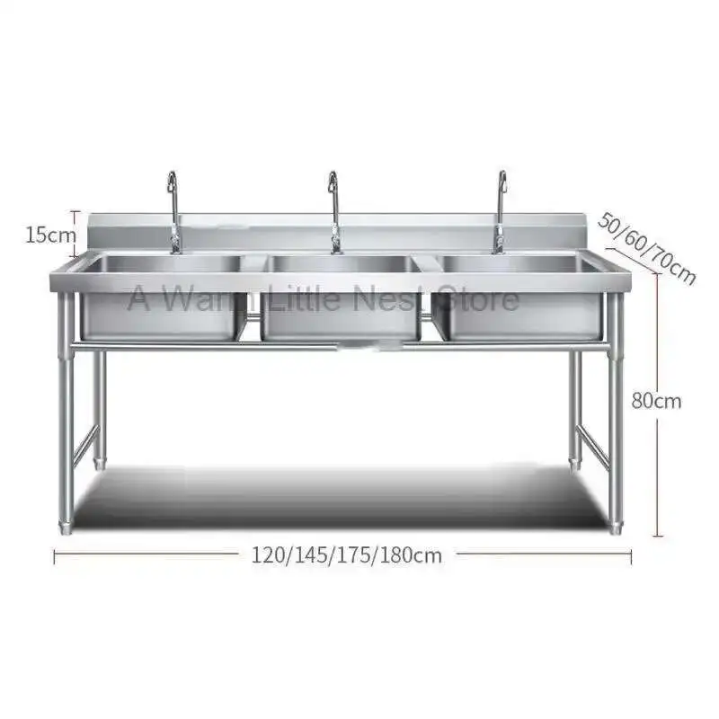 

Stainless Steel Commercial Kitchen Sinks Modern School Canteen Washbasin Kitchen Accessories Luxury Home Three-slot Washbasin GL