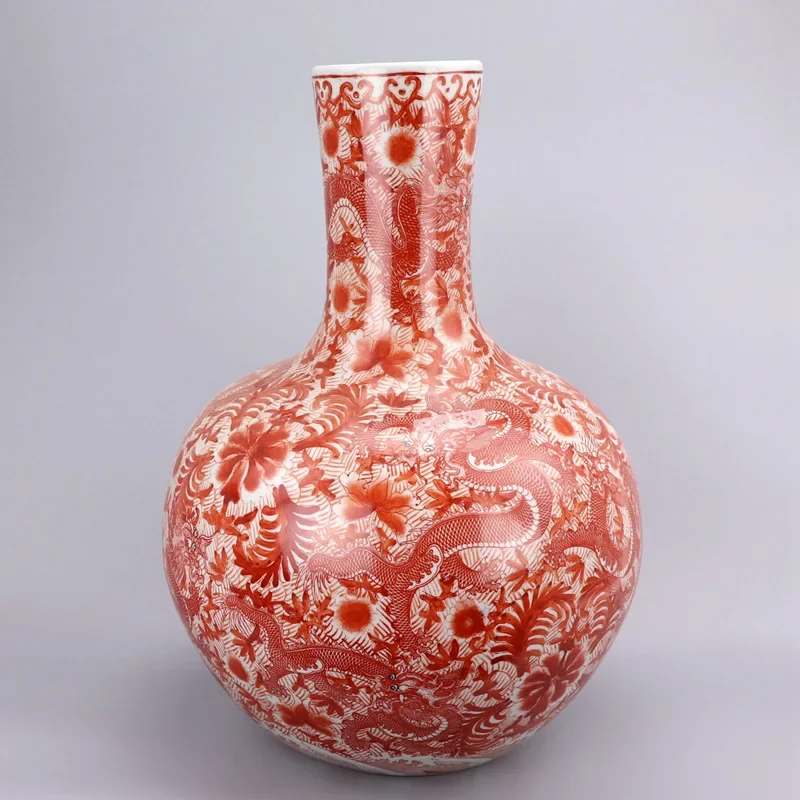 مزهرية عتيقة مرسومة يدويًا بنمط تنين أحمر لوتس بركة سمك الشبوط من السيراميك والخزف القديم العتيق