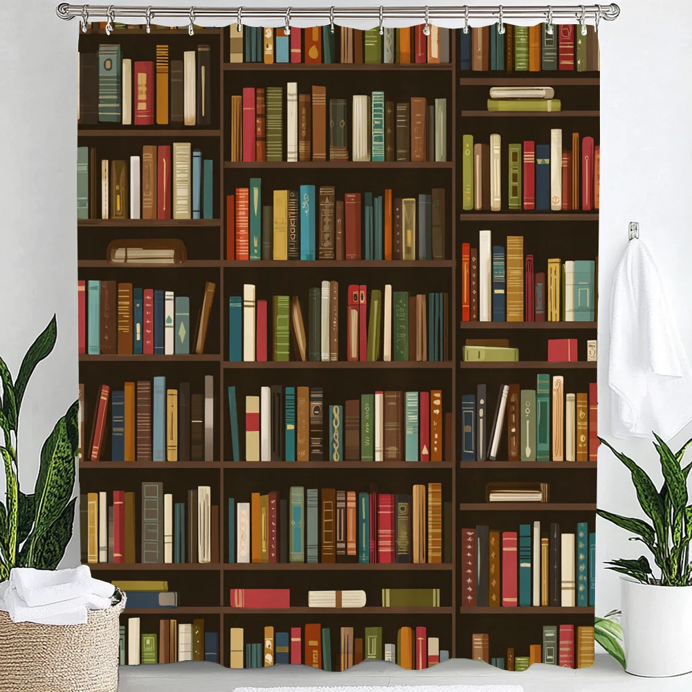 Resemble Vintage Library Shower Curtain,Old Book Bookshelf Candles Home Polyester Fabric Bathroom Decorative Curtain With Hooks