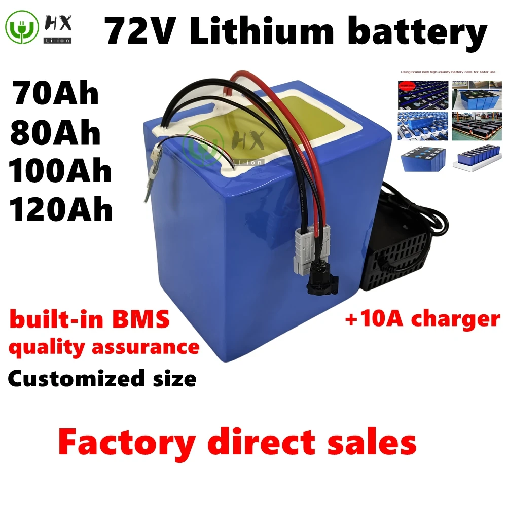 HX-Batterie lithium 72V, 70/80/100/120 Ah, 5000/7000/9000W, avec chargeur 10A, pour vélo et trottinette électrique