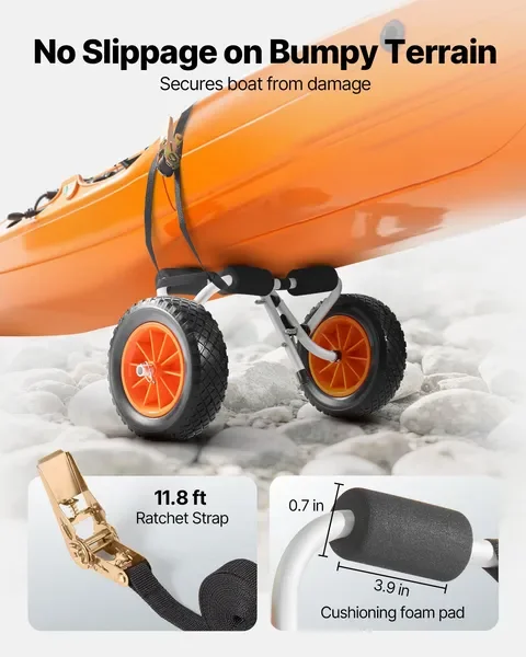 Carrello per kayak, 200 libbre, carrello pieghevole con pneumatici da 10' e cinghia a cricchetto
