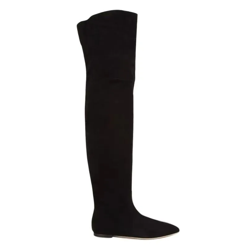 Black Suede Flat Over The Knee Boots Plus Size 43 Pointed Toe Stretch Fabric Tight High Boots Customized