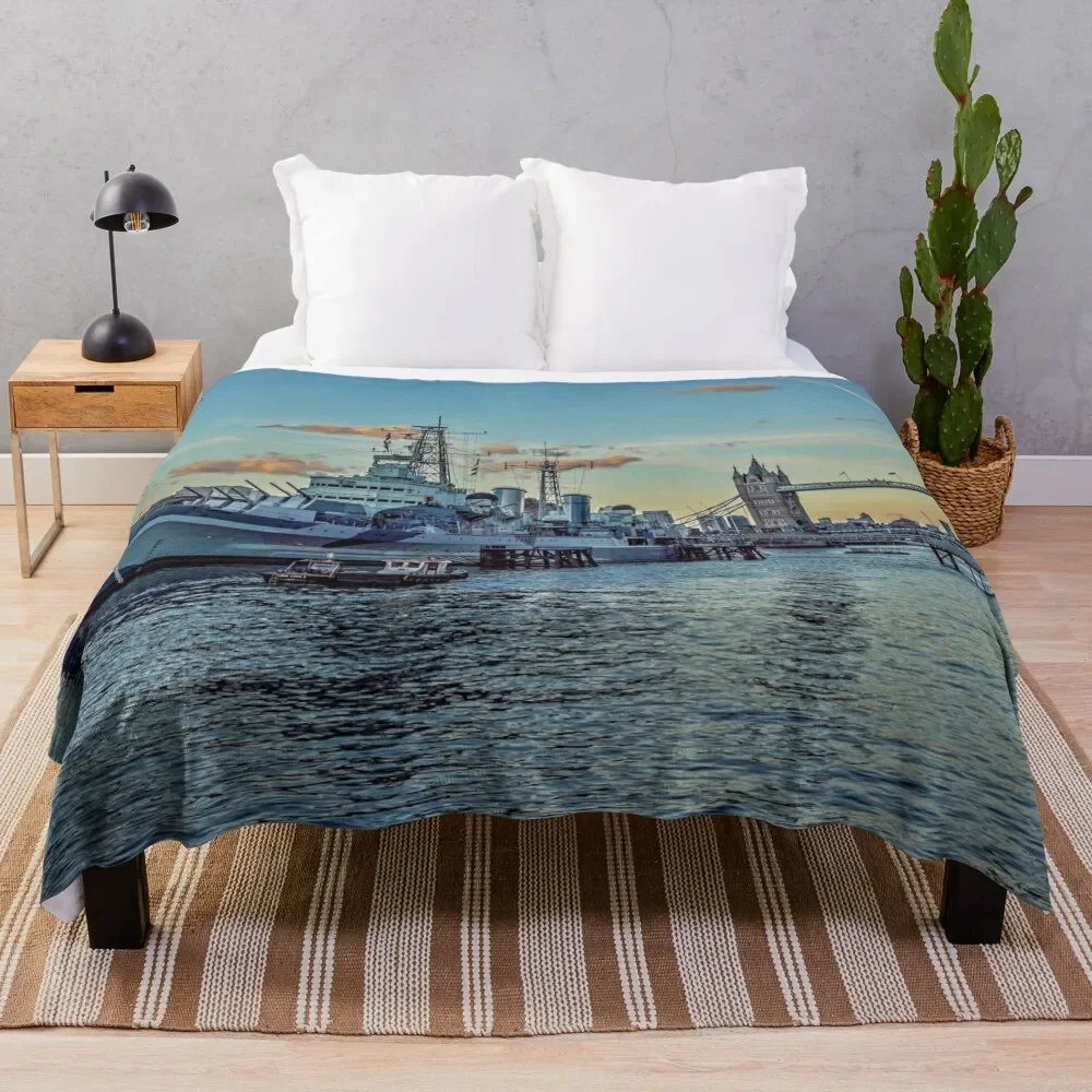 #321 HMS Belfast and Tower bridge in London Throw Blanket Summer Beddings Bed heavy to sleep Bed linens Blankets