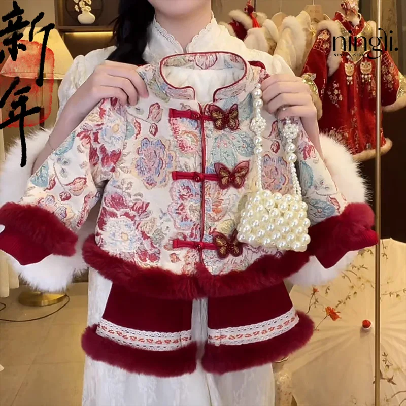 

Girls' Suit Winter Clothes Children's Chinese Style Festive New Year Tangzhuang Hanfu Baby Dress for One Year Old New Year Cloth