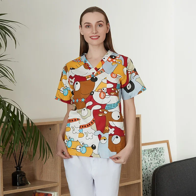 Cartoon Print Nurse Uniform V-Neck Short Sleeve Scrub Top Surgical Work Shirt for Medical Professionals Unisex Pediatric Uniform