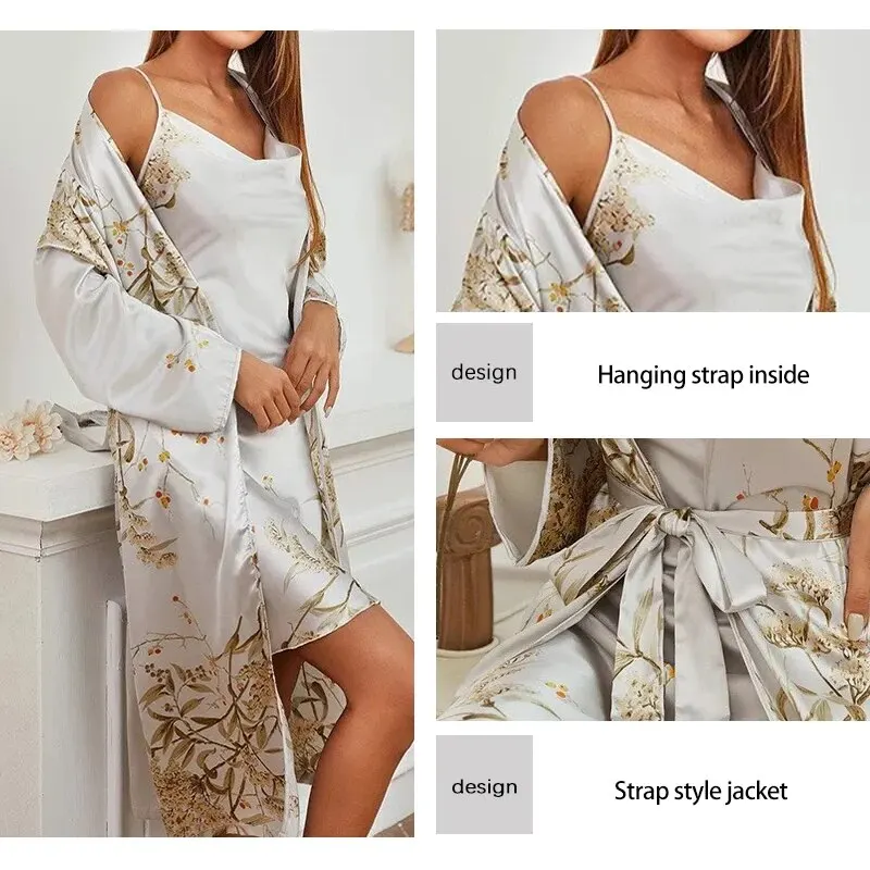 2pcs Floral Nightgown and Robe Set for Women Soft Nightdress Bathrobe New Sexy Loungewear V-Neck Sleepwear