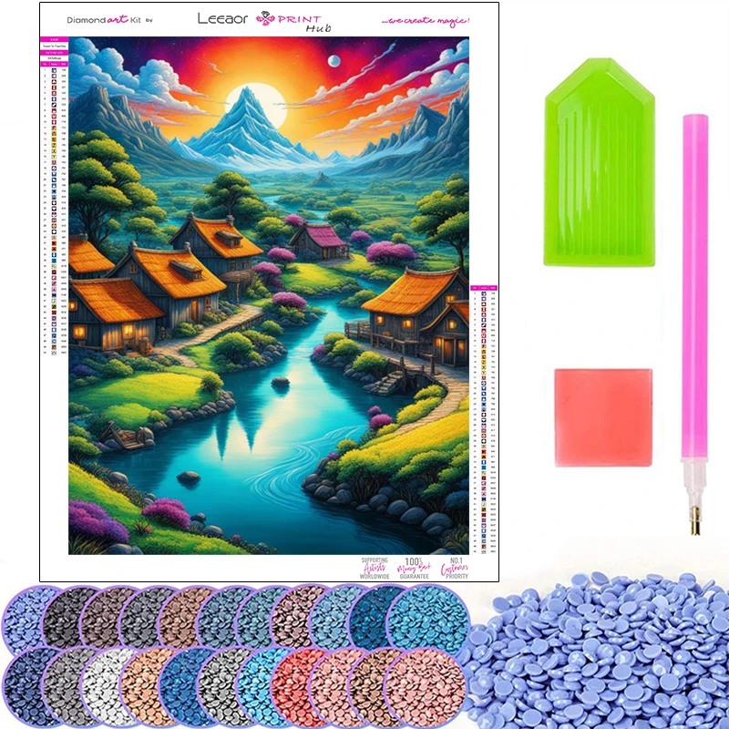 Mountain Village Diamond Painting Color Picture Full Round Diamond Embroidery Cross Stitch Kit Landscape Home Decoration Gifts