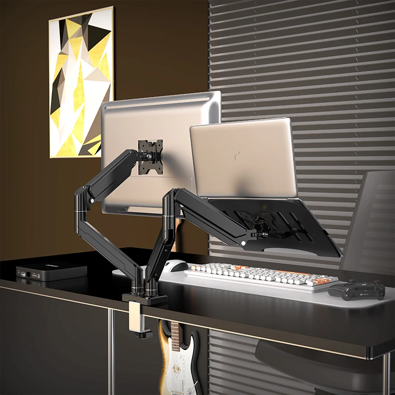 Dudukan Meja Monitor Ganda hingga 32 inci Layar Dudukan Monitor Tinggi Dapat Disesuaikan, Lengan Tugas Berat, VESA 75x75mm atau 100x100mm, HITAM