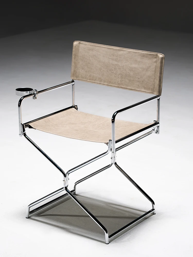 

Oil Wax Fabric Minimalist Metal Dining Chair Small Household Foldable Dining Chair Home Reclining Chair