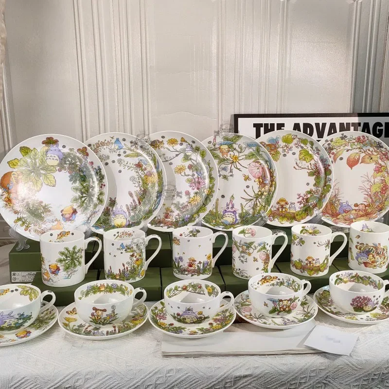 

Bone China Dinner Plate Anime Cup and Saucer Set Coffee Mug Cute Cartoon Pattern Ceramic 9.5 Inch Dish Household Tableware Gift