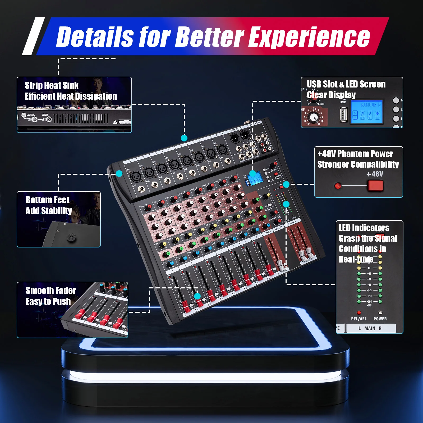 Mixer audio DJ professionale - Mixer audio controller DJ Bluetooth a 8 canali, equalizzatore a tre bande, regolazione vocale accurata
