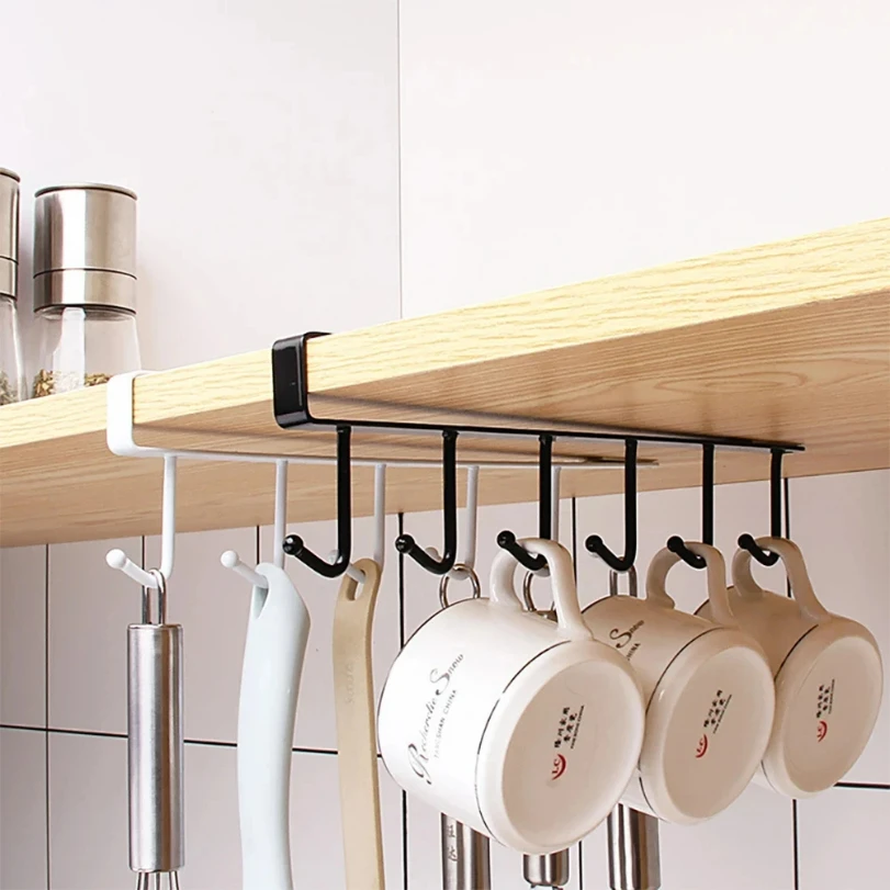 

Multifunction 6 Hook Coffee Cup Mug Holder Black White Hooks Shelf Multifunction Kitchen Cabinet Sundries Organizer Storage