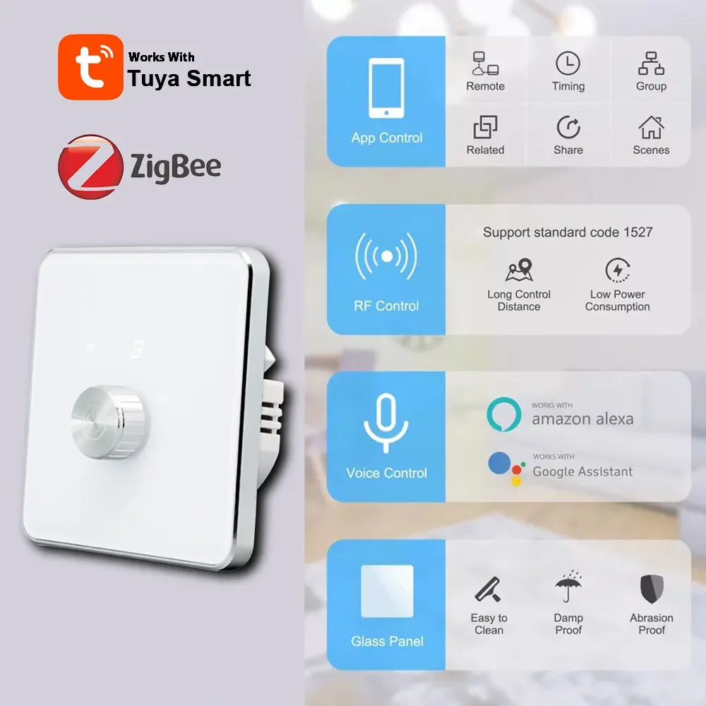 Tuya Smart Zigbee  Dimmer Switch Adjustable Brightness EU Glass Panel Rotary Light Switch Smart Life Work With Alexa Google Home