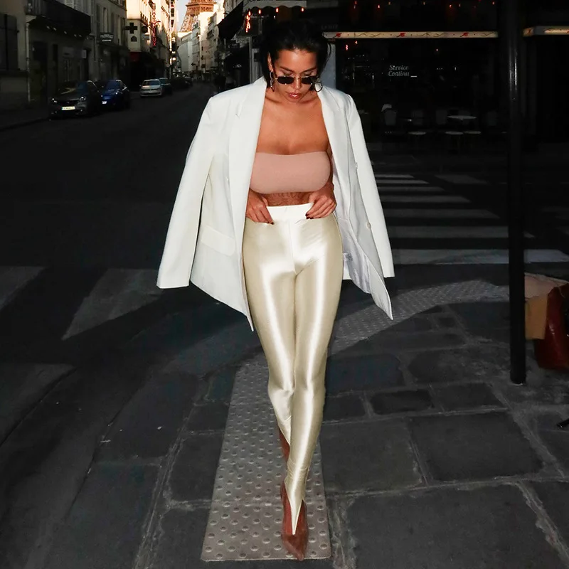 Однотонные блестящие узкие длинные повседневные брюки женские модные глянцевые эластичные брюки с высокой талией персикового цвета бедра тонкие узкие повседневные брюки леггинсы