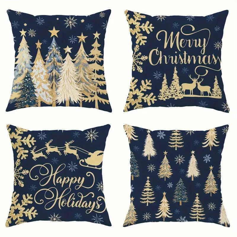 4pcs Festive Christmas Pillow Covers Navy Blue Golden, 18x18 Inches, Snowflake Reindeer, Christmas Tree Designs