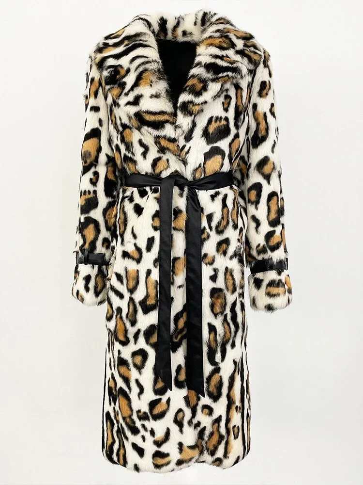 

Women 2025 Jacket Winter Rabbit Fur Coat Leopard Over Knee Whole Leather Imported Thick Warm Fur Integrated Fashion Clothing