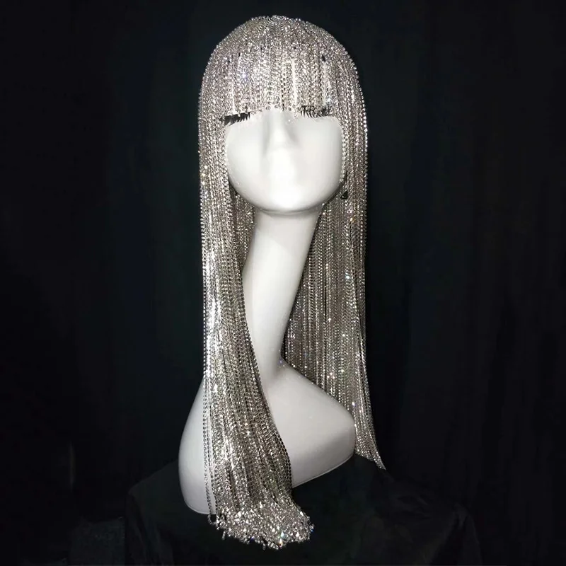 Rhinestone Chain Wig Headdress Headgear Flashing Diamond Rave Costume    Silver  Gold party wigs Luxury  Festival Outfit