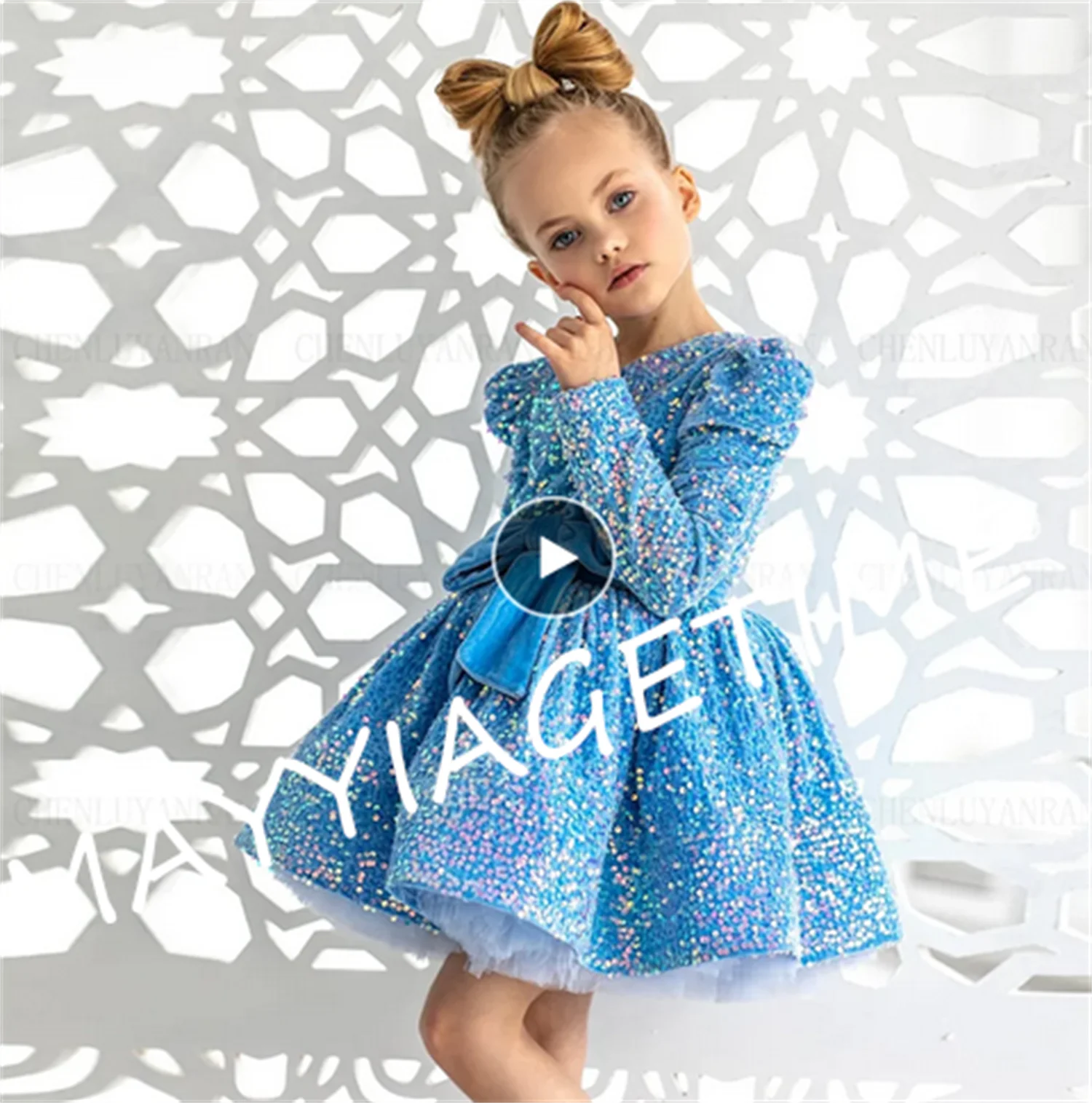 

Sky Blue Flower Girls Dresses 2023 Sequin Long Sleeves Puffy Kids Wedding Party Dress Velour Bow Glitter Child Bridel Gowns