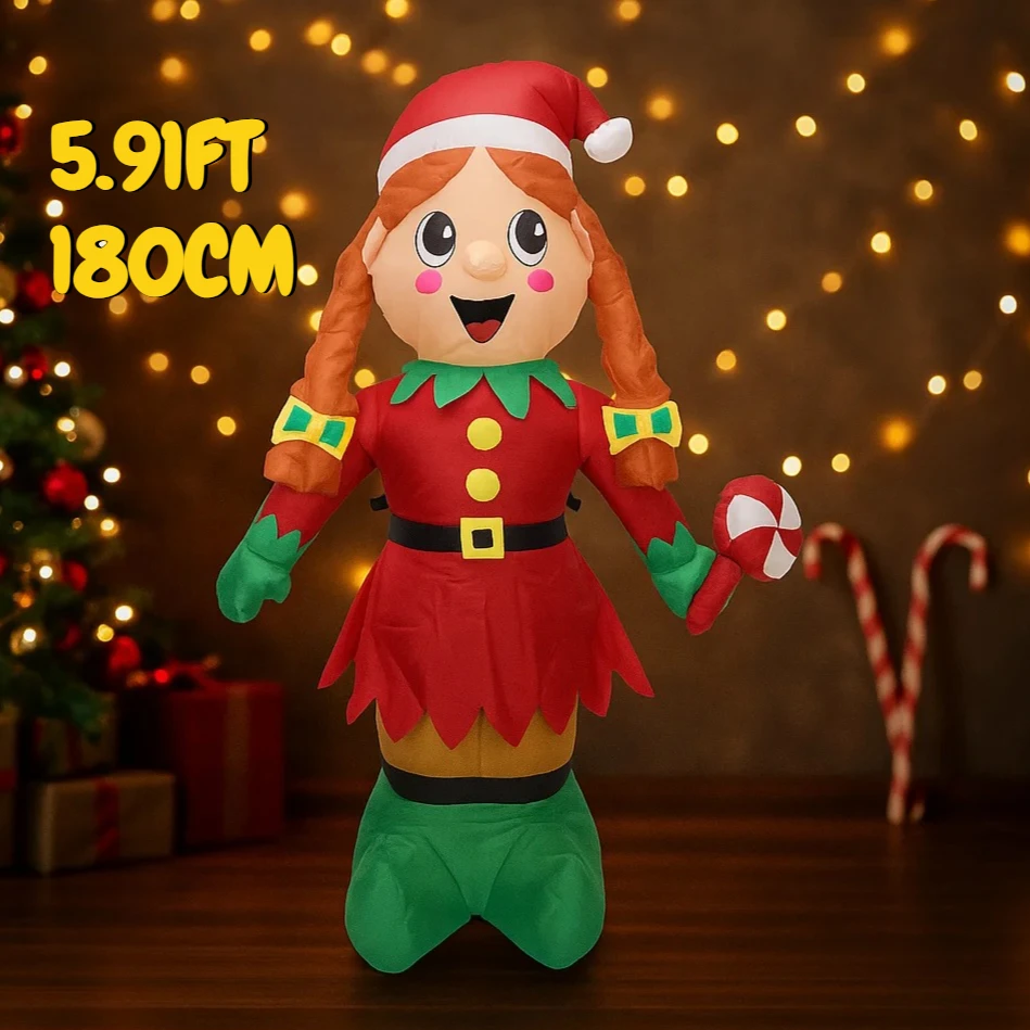 

5,91 фута надувная игрушка-эльф рождественский с карамельной тростью-праздничный праздничный подарок для рождественского двора и украшения дома