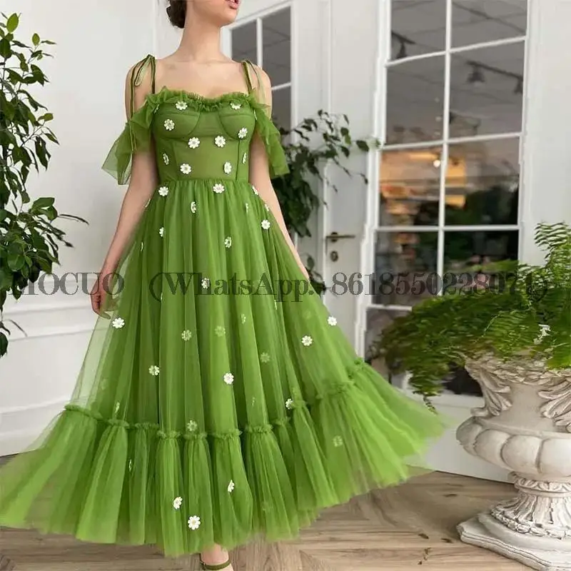 

Pastoral Emerald Green Spaghetti Straps Daisies Tulle Prom Dresses Off Shoulder Ankle Length A Line Evening Party Gowns