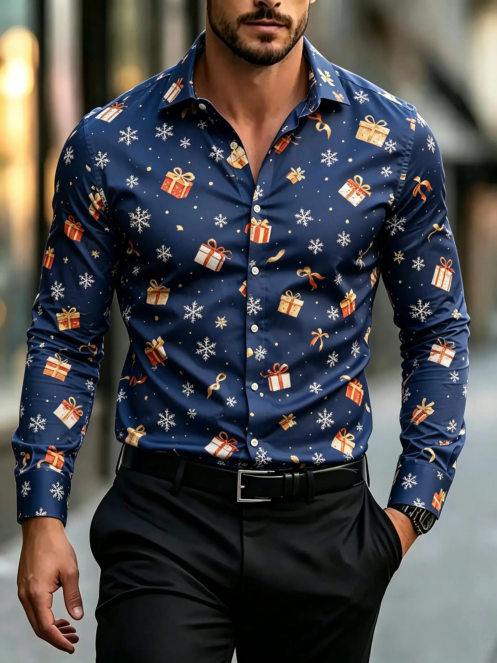 2026 Men's Long Sleeve Shirt Snowman Holly Berry Snowflake Print Christmas Men Gift Fashion Loose Fit Daily Wear Tops