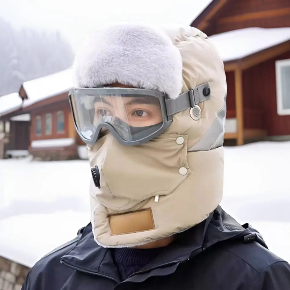قبعة الطيار الروسية Ushanka قبعة تزلج مع نظارات قناع الشتاء القطيفة القبعات عاكس قطاع الثلوج قبعات الشتاء الدافئة بيني في الهواء الطلق