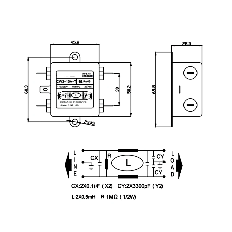 Single-phase AC power filter 220V AC emi filter CW3-10A-S/T 10A 20A 30A  Purifier Anti-interference  CW3-20A-T CW3-30A-T CW3-30A