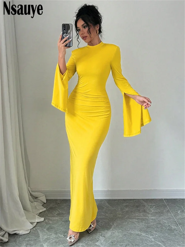 Nsauye 2024 Winter Sexy Elegant Party Dress For Women Vintage Clubwear Evening Birthday Holiday Long Sleeve Wrap Maxi Dresses