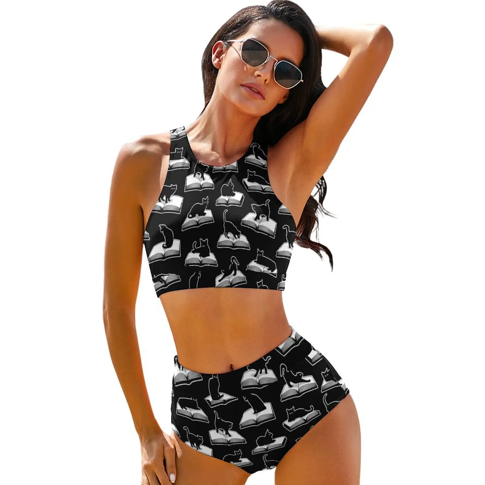 

Library Cats Bikini Swimsuit Books Print Swimwear Women Sexy Retro Bikini Set Pattern Feminine Bikinis Birthday Gift