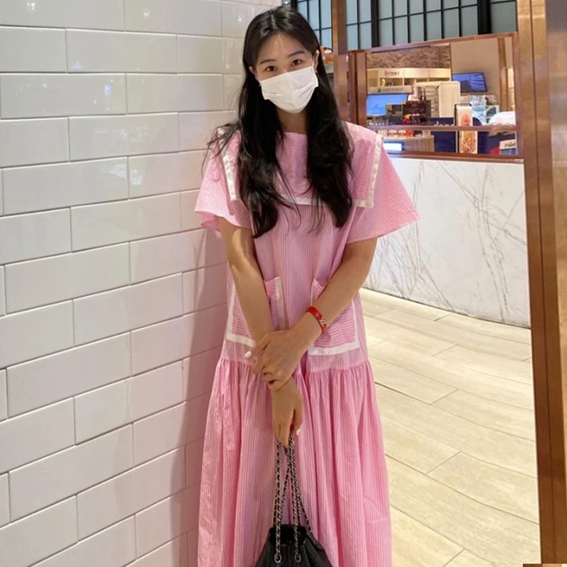 Chic Summer Sweet Youthful Navy Collar Color Blo ort Sve Double ket Striped Long Dr Women's Korean Sle Loose W...