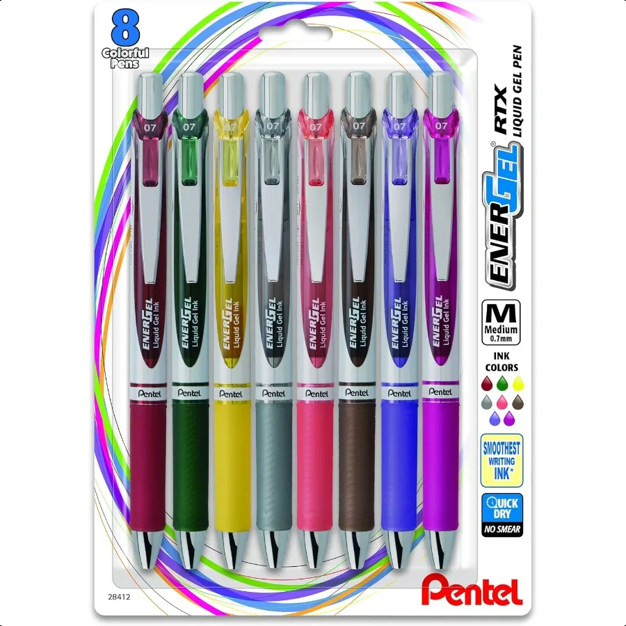 

EnerGel RTX Retractable Liquid Gel Pen 0.7mm Medium Line Metal Tip Assorted Ink 8 Pack (BL77BP8M3)