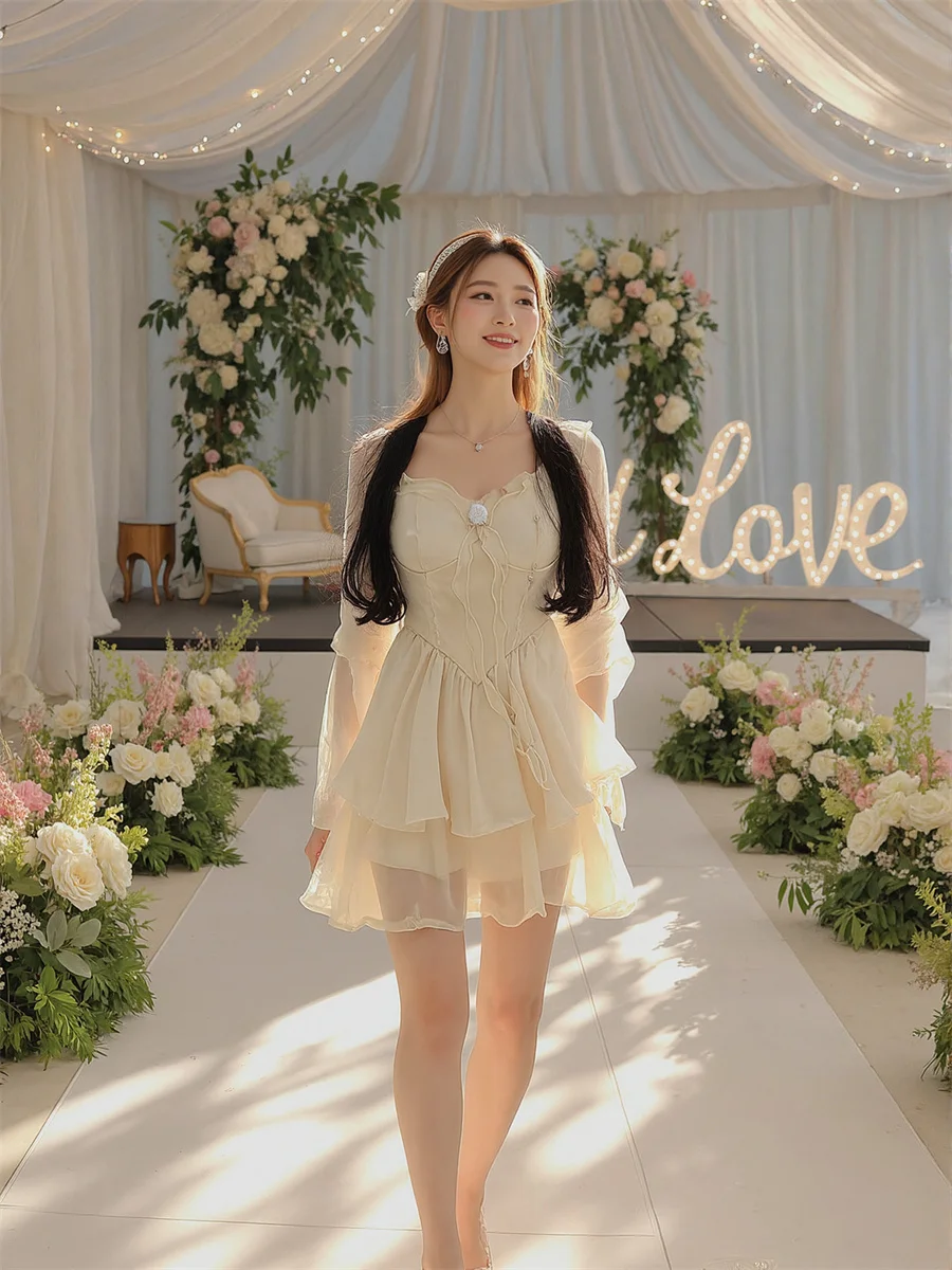 Abiti bianchi da donna per donna Volant drappeggiati Autunno Perline All-Match Girocollo Halter Vita bassa Boho Stampato A-Line Impero