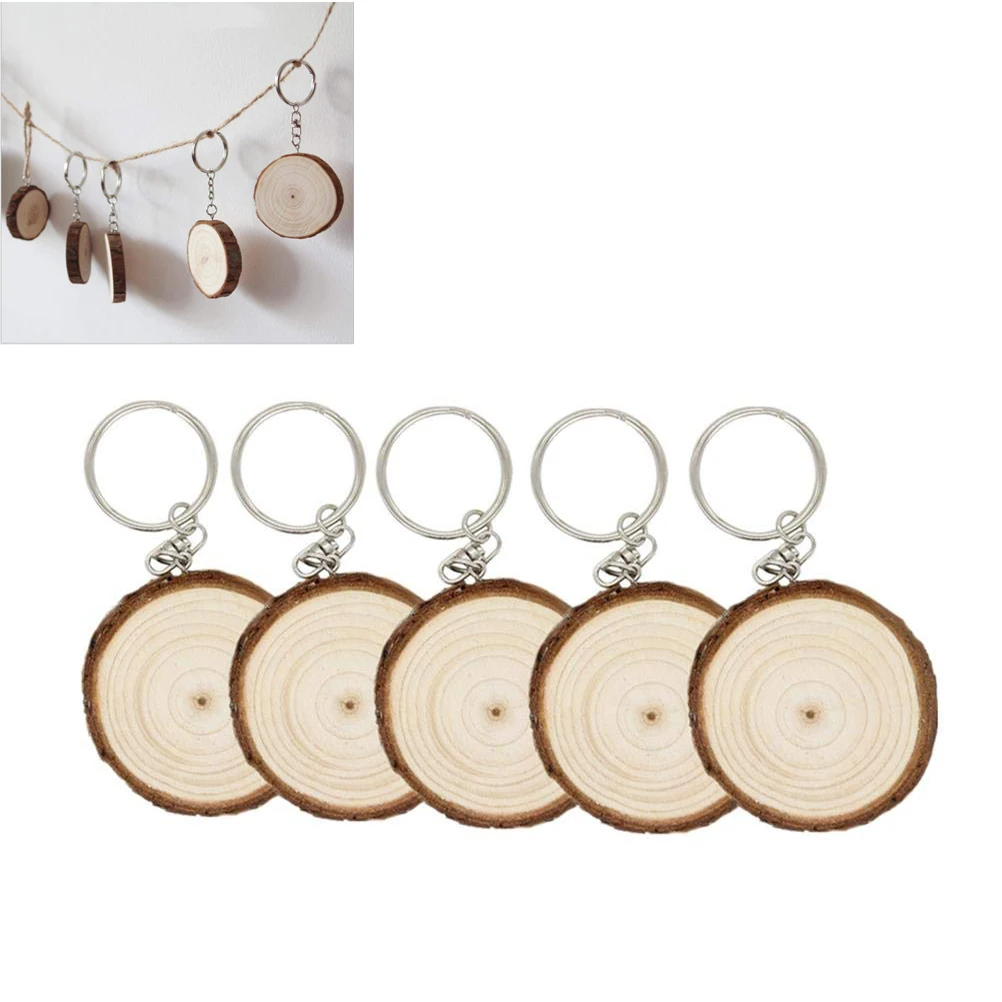 5Pcs/Set Unfinished Wood Slices Keychain Blank Hand-painted Wooden Keychain Vintage DIY Wood Keychain Car Bag Pendant