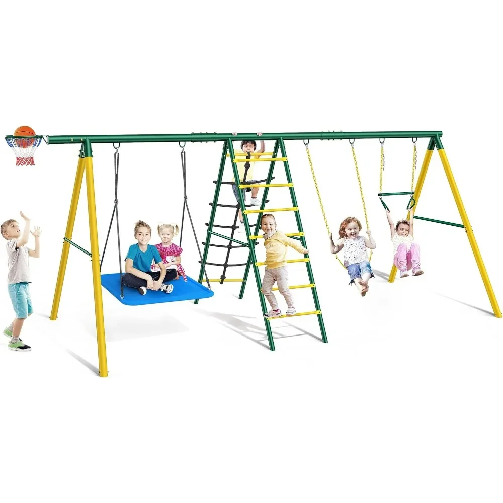 

Swing Sets for Backyard Toddler Swing Sets 6 in 1 Heavy Duty Metal Backyard Swing Sets with 2 Swings,Climbing Ladder and Nets