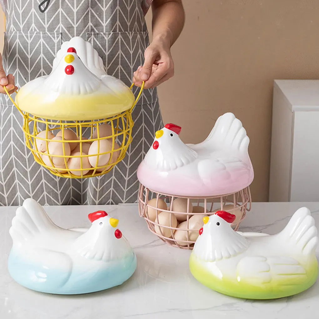 Creative Iron Egg Storage Basket Ceramic Hen Ornament Kitchen Fruit Storage Basket Home Living Room Durable Egg Storage Holder