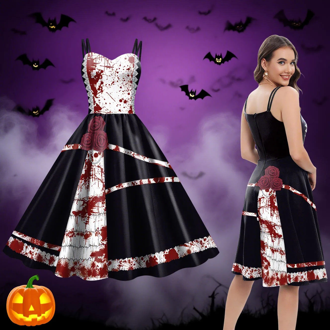 

Halloween Holidays Party Rockabilly Dress DRESSES Big Swing Robe Vintage Ladies Gothic Rose print 3D autumn Festival Costumes