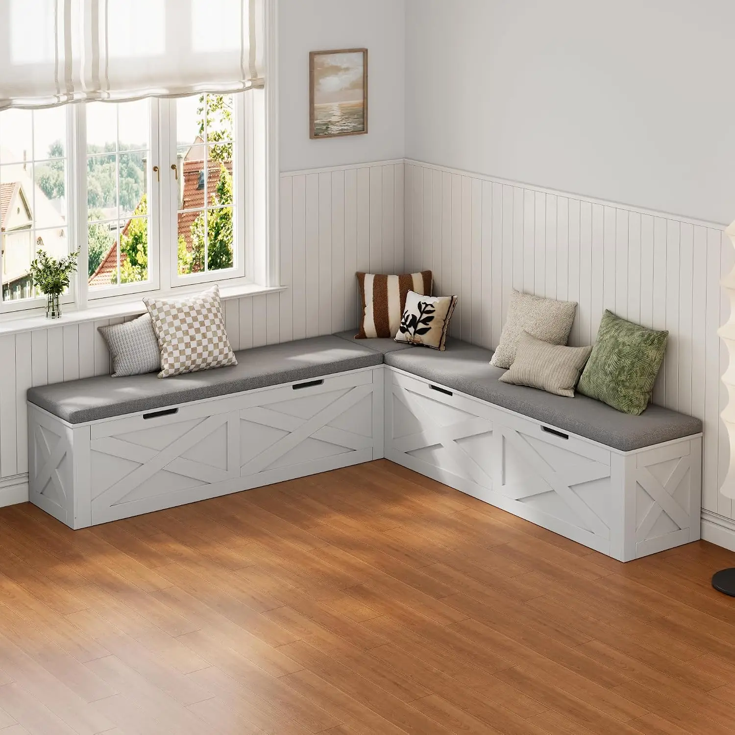 Kitchen Breakfast Nook Bench with Cushions, L Shape Corner Storage Bench, Wood Flip-Top Dining Benches with Hidden, Customized