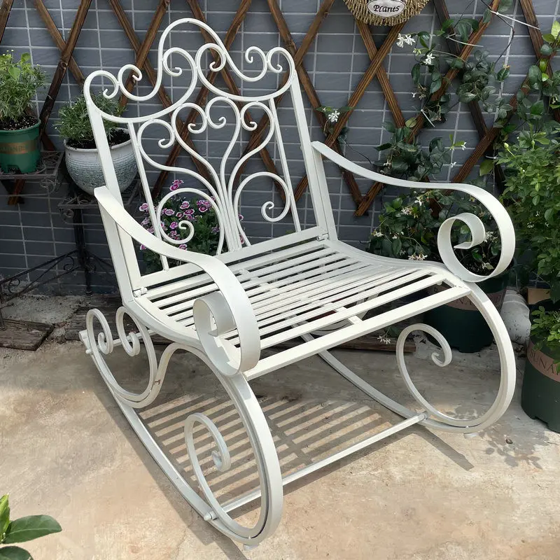 Outdoor Vintage Iron Rocking Chair, Single Leisure Recliner for Patio Garden, Distressed Rustic Balcony Chair