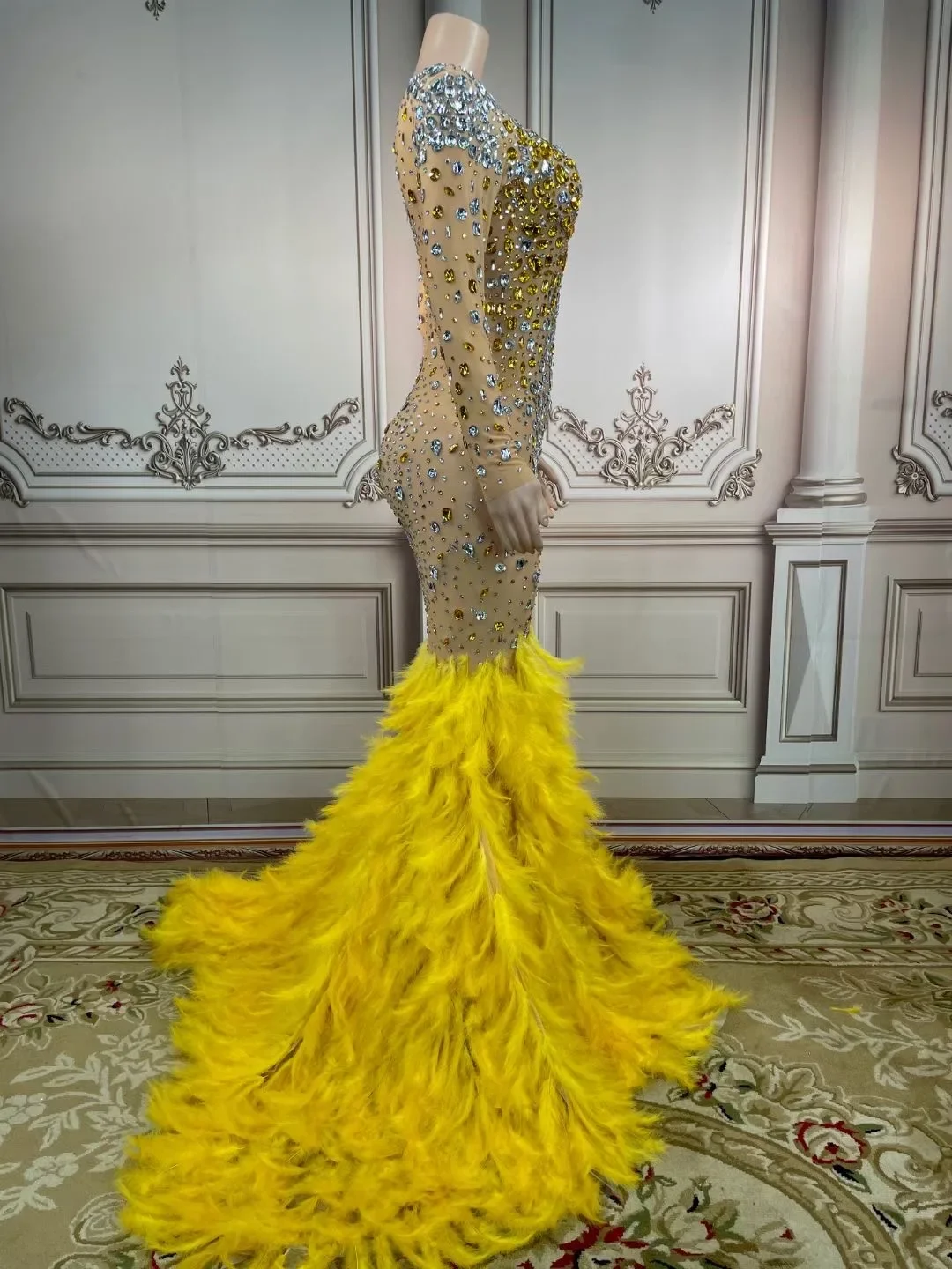 

Women Shining Rhinestones Long Mermaid Yellow Feathers Dress For Celebrity Evening Stage Festival Costumes Drag Queens