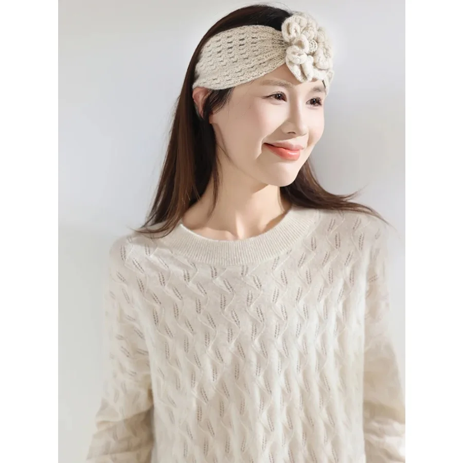 

Женская повязка для волос из 100% кашемира ручной вязки, вязаная крючком, с цветочным узором, теплая, с бантом, из чистого кашемира, аксессуар для волос, головной убор