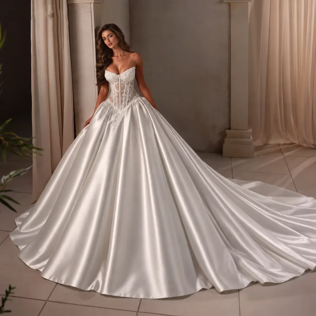 Romantic Strapless Lace Up Ball Gown Wedding Dress Exquisite Appliques Beading Satin Court Train Princess Bridal Gown Customiz