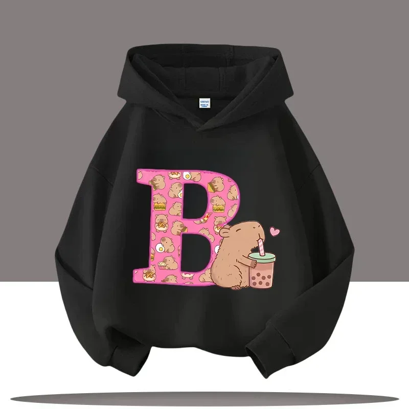 Capybara Hoodie Cute Kawaii Boba Tea Alphabet Letter Heart Pink Black Aesthetic Oversized Casual Sport Sweatshirts