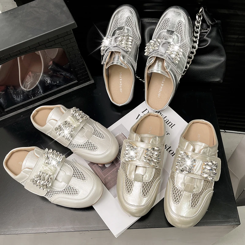 Summer Mesh Slippers Retro Breathable Flat Mesh Shoess Crystal Decorative Velcro Genuine Leather Casual Outdoor Slip-On Shoes