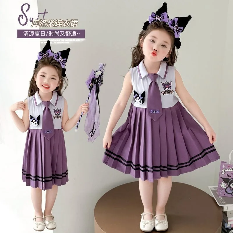 

Summer Kuromi Anime Kawaii Sanrio Baby Short Sleeve Shirt Dress for Girls 2025 New Cute Children Princess Clothes Gifts Toys
