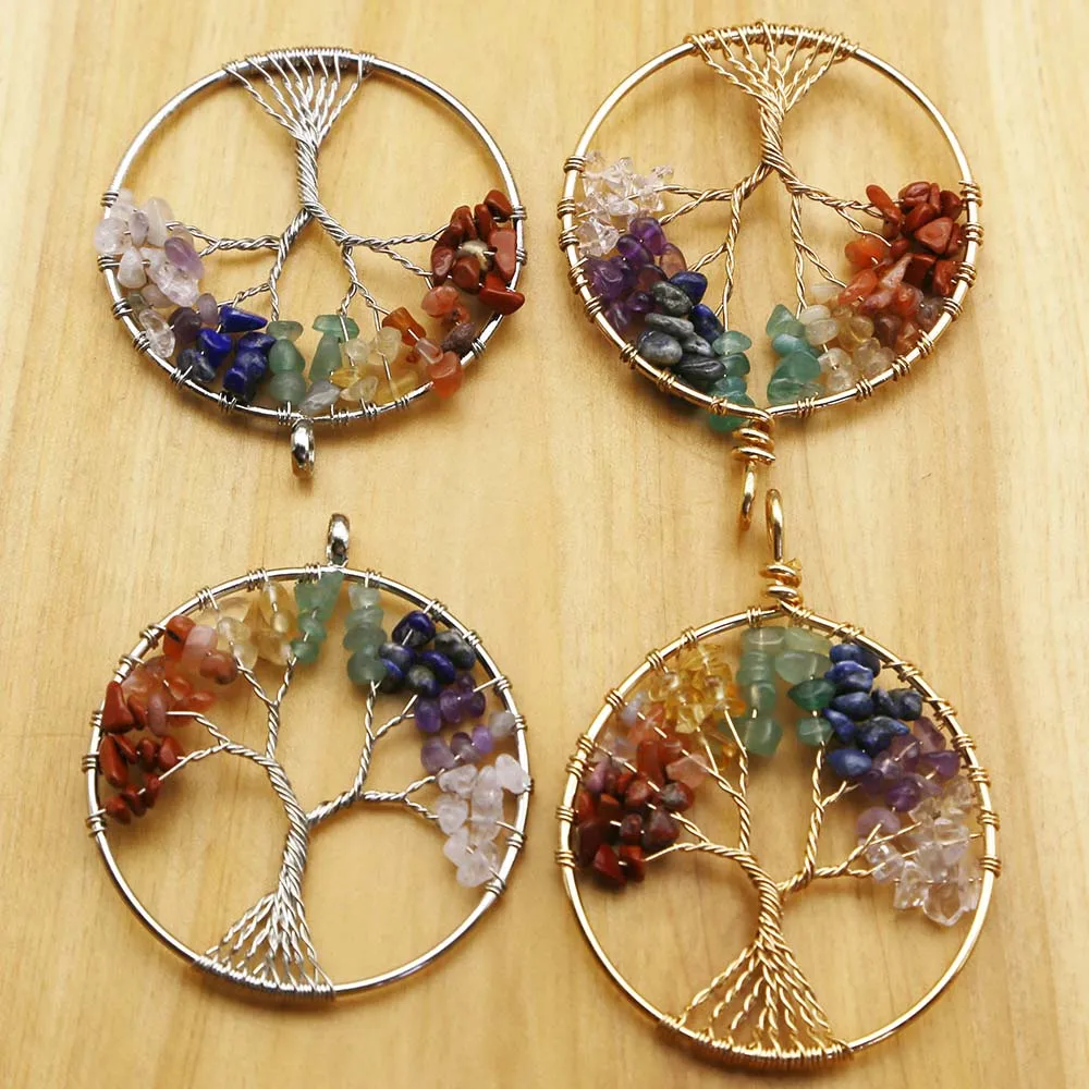 Natural Stone Round Fortune Colorful Crystal Life Tree Pendant Necklace Reiki Charms DIY Jewelry Accessories Gift Wholesale 8Pcs