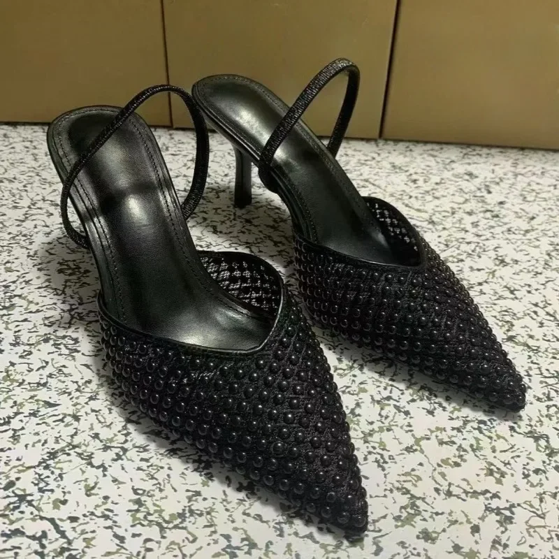 

Брендовый дизайн, черные женские туфли на высоком каблуке для вечеринок, элегантные туфли без шнуровки с острым носком, летние легкие современные сандалии для выпускного вечера